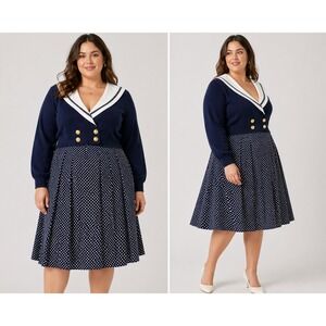 Jeffrey Dara Women Sailor Dress 11/12 Navy Polka Dot Vintage Preppy Nautical